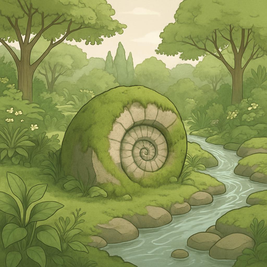 A cartoon forest depiction featuring a moss-covered snail shell beside a stream, comprised of natural elements such as roc...